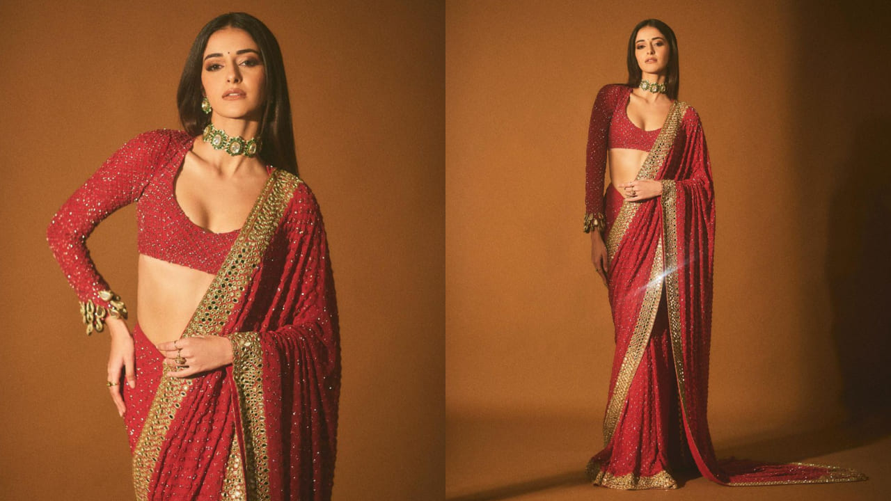 Ananya Panday in red sequin laden saree