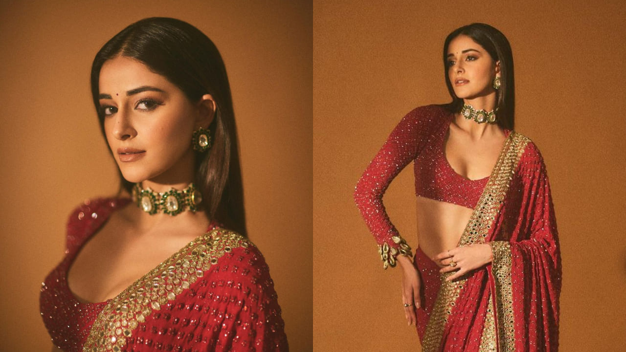 Ananya Panday in red sequin laden saree