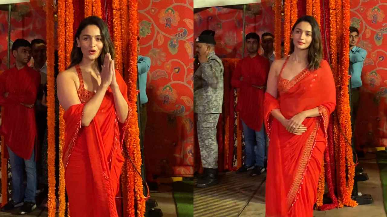 Alia Bhatt’s vermillion Arpita Mehta saree with a mirror work halter-neck blouse is every modern bride’s dream (PC: Viral Bhayani)