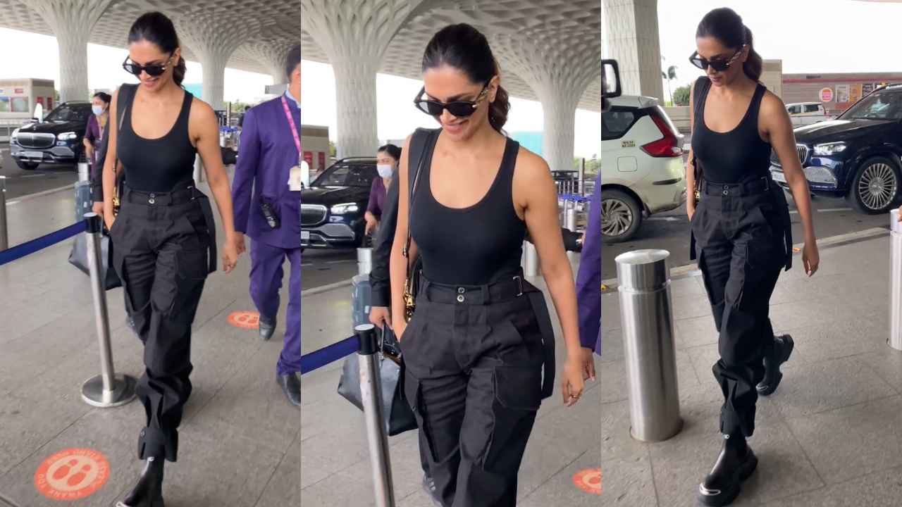 Airport Style: Deepika Padukone dons black sleeveless top with cargo pants and Louis Vuitton accessories (PC: Manav Manglani)