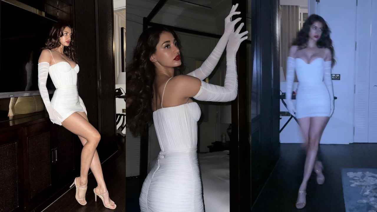 Disha Patani dons a ruched white Alex Perry mini-dress with plunging neckline and matching gloves