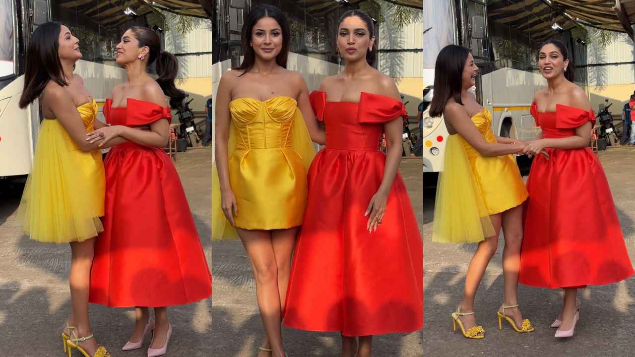 Shehnaaz Gill channels her inner sunlight in Gauri and Nainika’s yellow corseted mini-dress with tulle train (PC: Viral Bhayani)