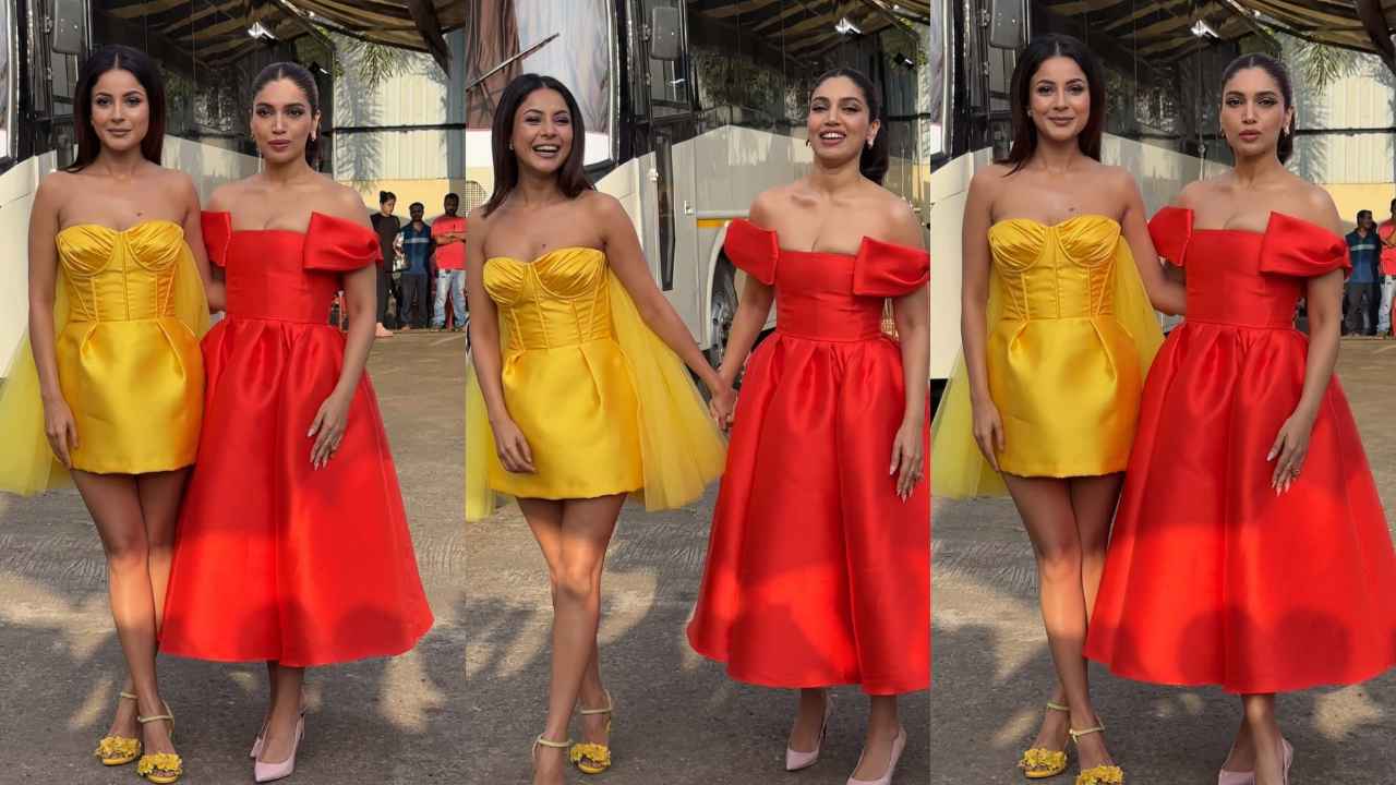 Shehnaaz Gill channels her inner sunlight in Gauri and Nainika’s yellow corseted mini-dress with tulle train (PC: Viral Bhayani)