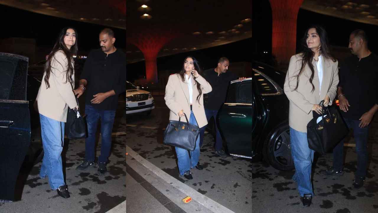 Sonam Kapoor Ahuja SLAYS in beige oversized blazer with white cropped shirt, jeans and expensive Birkin bag (PC: Viral Bhayani)