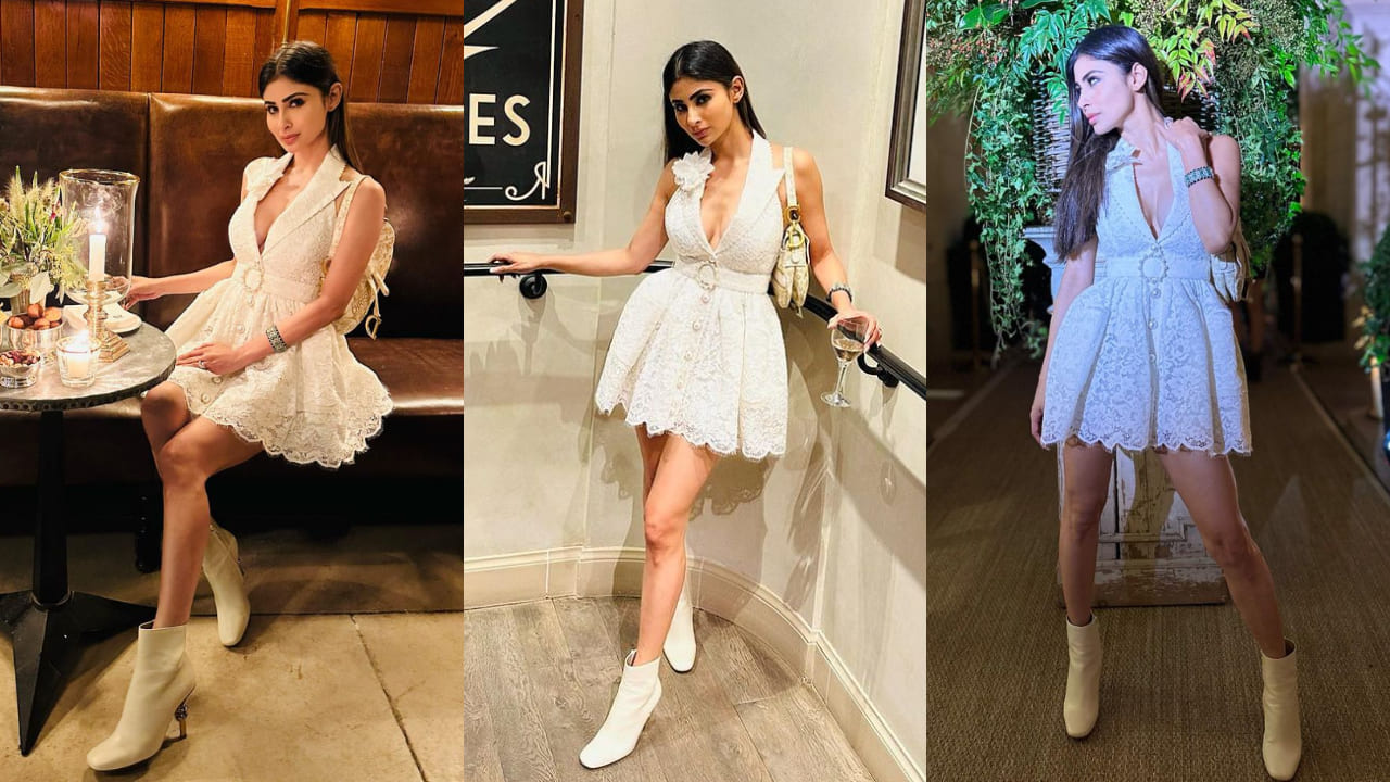 Mouni’s pretty white lace mini dress