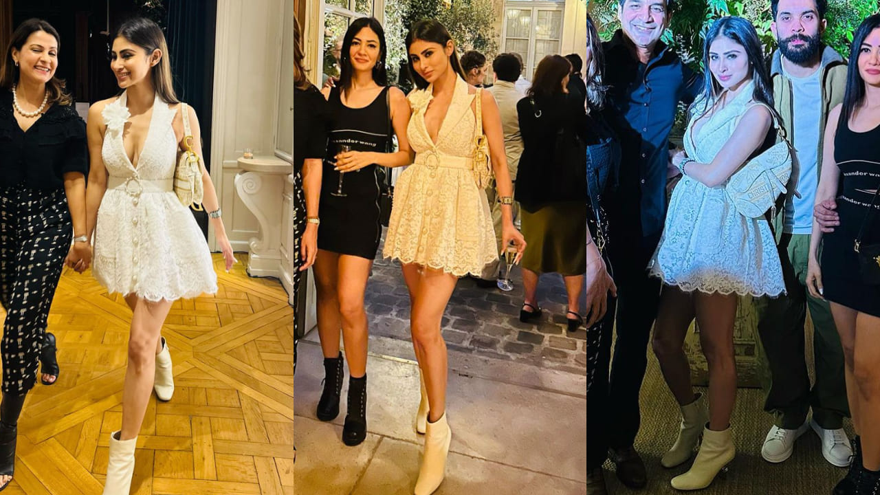 Mouni’s pretty white lace mini dress
