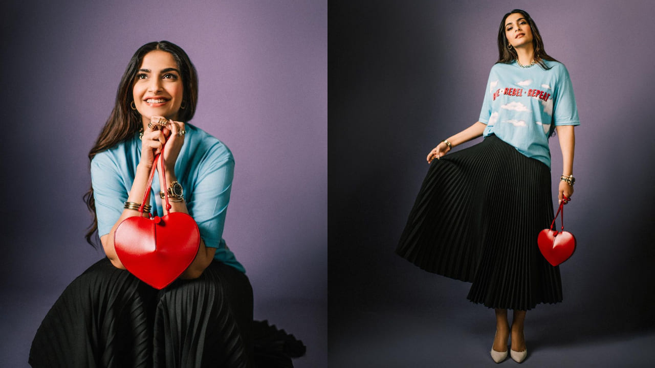 Sonam Kapoor paired blue t-shirt with black skirt