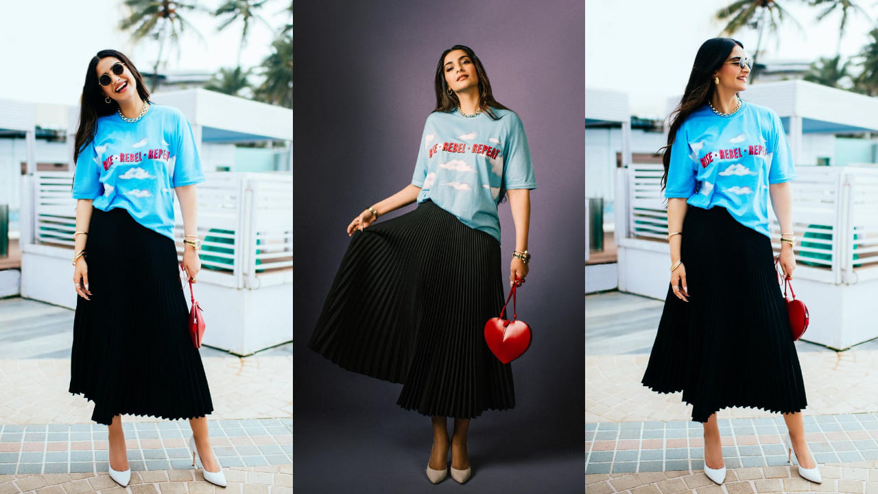Sonam Kapoor in blue t-shirt and black skirt