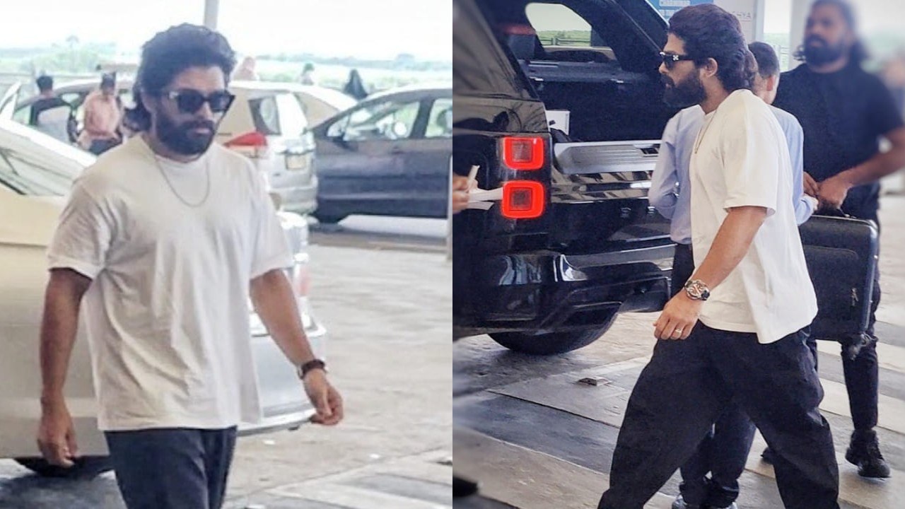 Allu Arjun exudes relaxed yet fashionable look in black and white at Hyderabad airport; VIEW PICS (PC: Kamlesh Nand) Allu Arjun clicked Hyderabad airport