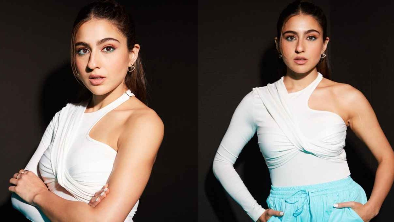 Sara Ali Khan brings out the funk in white asymmetrical bodysuit, sky-blue cargo pants with Balenciaga shoes sara-ali-khan-balenciaga-bodysuit-cargo-pants-style-fashion