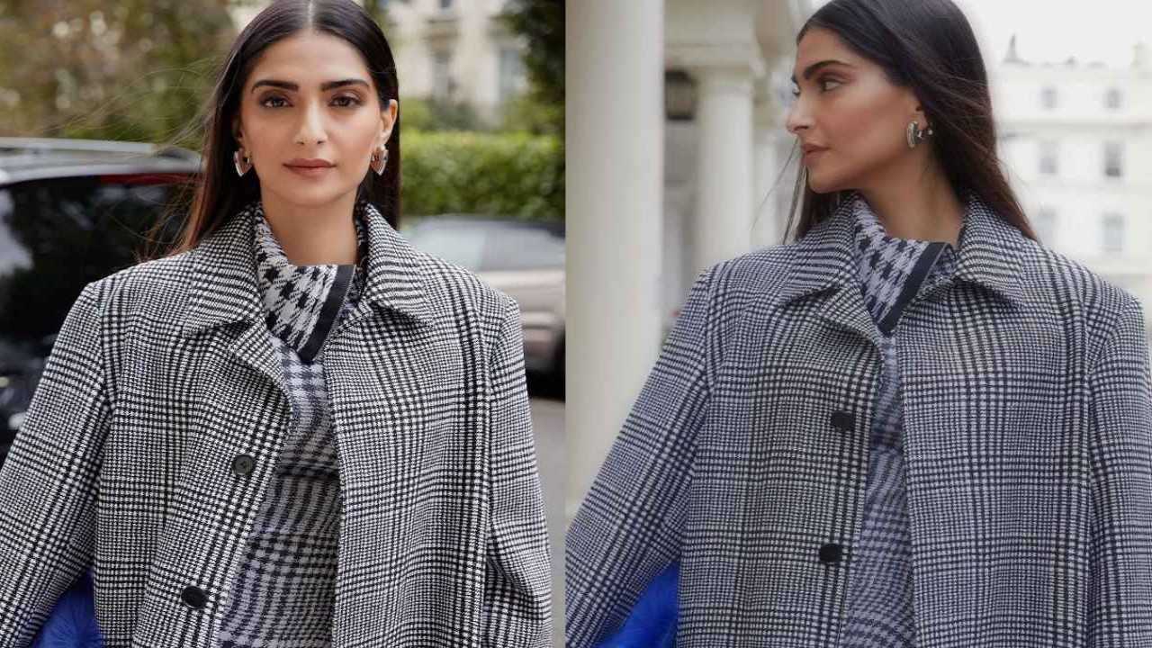 Sonam Kapoor Ahuja attends Burberry’s LFW show in their formal coat with sassy midi-dress, blue bag, and boots (PC: Sasha Jairam) sonam-kapoor-ahuja-burberry-formal-London-Fashion-Week-style-fashion