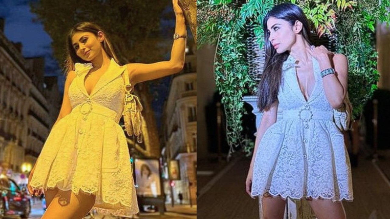 Mouni Roy looks Parisian chic in white lace halterneck mini dress worth ...