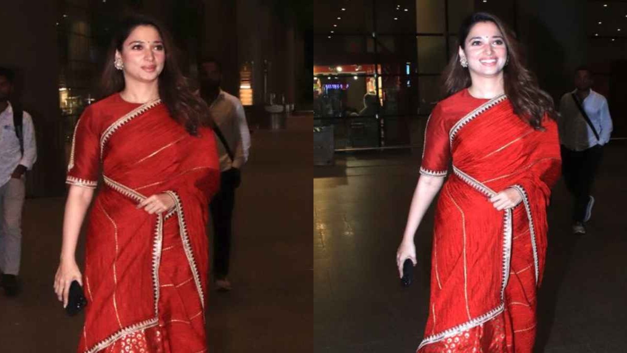 Tamannaah Bhatia was recently spotted and papped at the Mumbai airport, wearing a gorgeous red and gold saree (PC: Viral Bhayani) tamannaah-bhatia-masaba-gupta-saree-formal-ethnic-airport-style-fashion