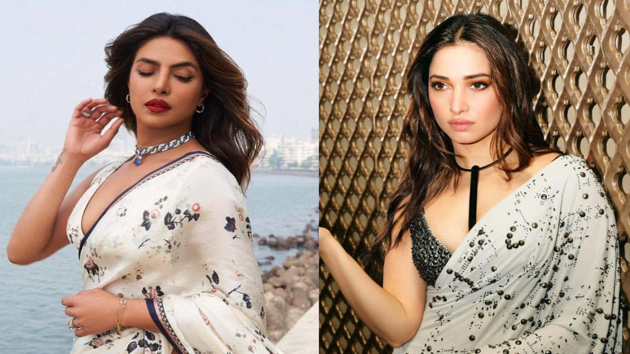 Two of Bollywood divas, were spotted wearing the same monochrome saree. (PC: Priyanka Chopra and Tamannaah Bhatia Instagram)
