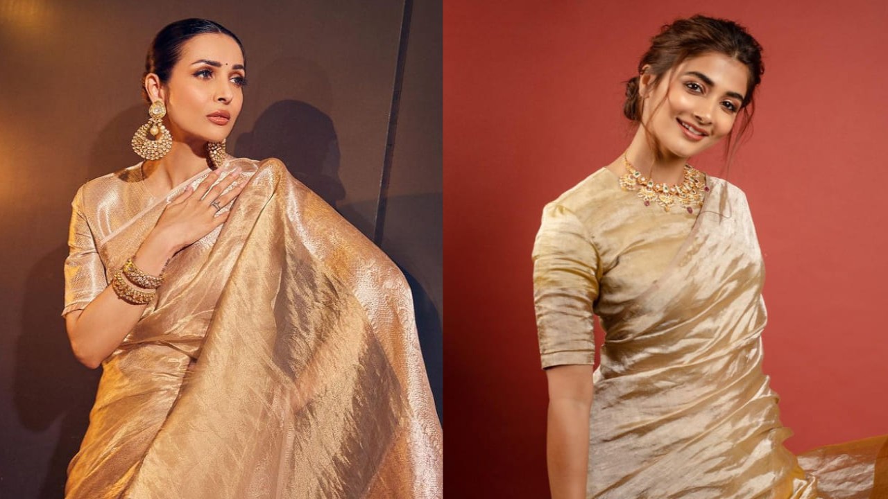 Malaika Arora and Pooja Hegde in golden tissue saree. Let’s find out who looks better. (PC: Aastha Sharma and Pooja Hegde Instagram)