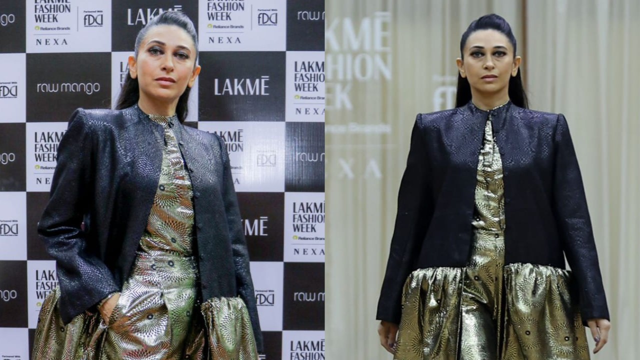  Karisma Kapoor channels her inner glistening gold in jumpsuit with unique jacket at Lakme Fashion Week debut. (PC: Manav Manglani)