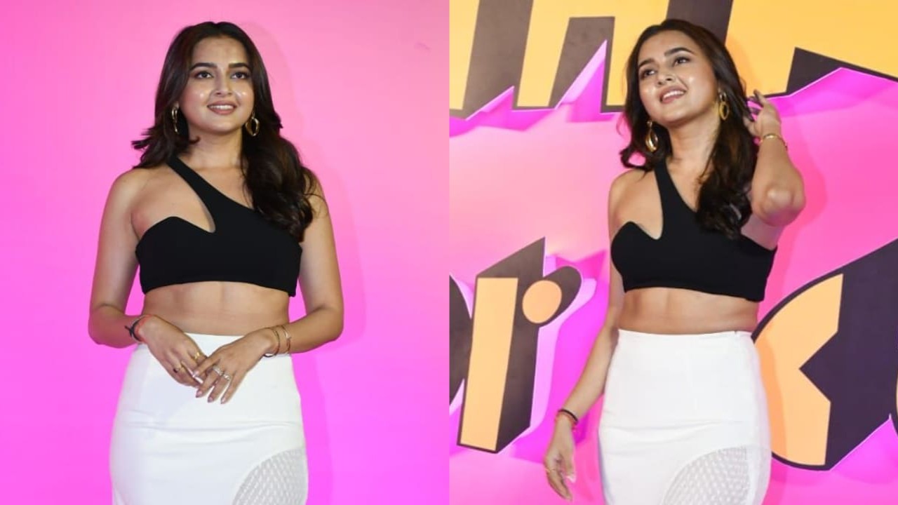 Tejasswi Prakash rocks the red carpet in one shoulder crop top paired with high-low skirt. (PC: Viral Bhayani)