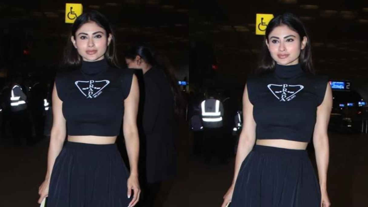 Airport Style: Mouni Roy merges comfort with style in all-black outfit with Prada crop top and matching skirt (PC: Viral Bhayani) mouni-roy-prada-airport-bollywood-style-fashion