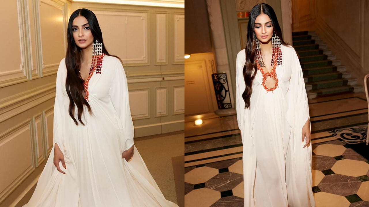 Sonam Kapoor in a white kaftan dress with a unique neckline