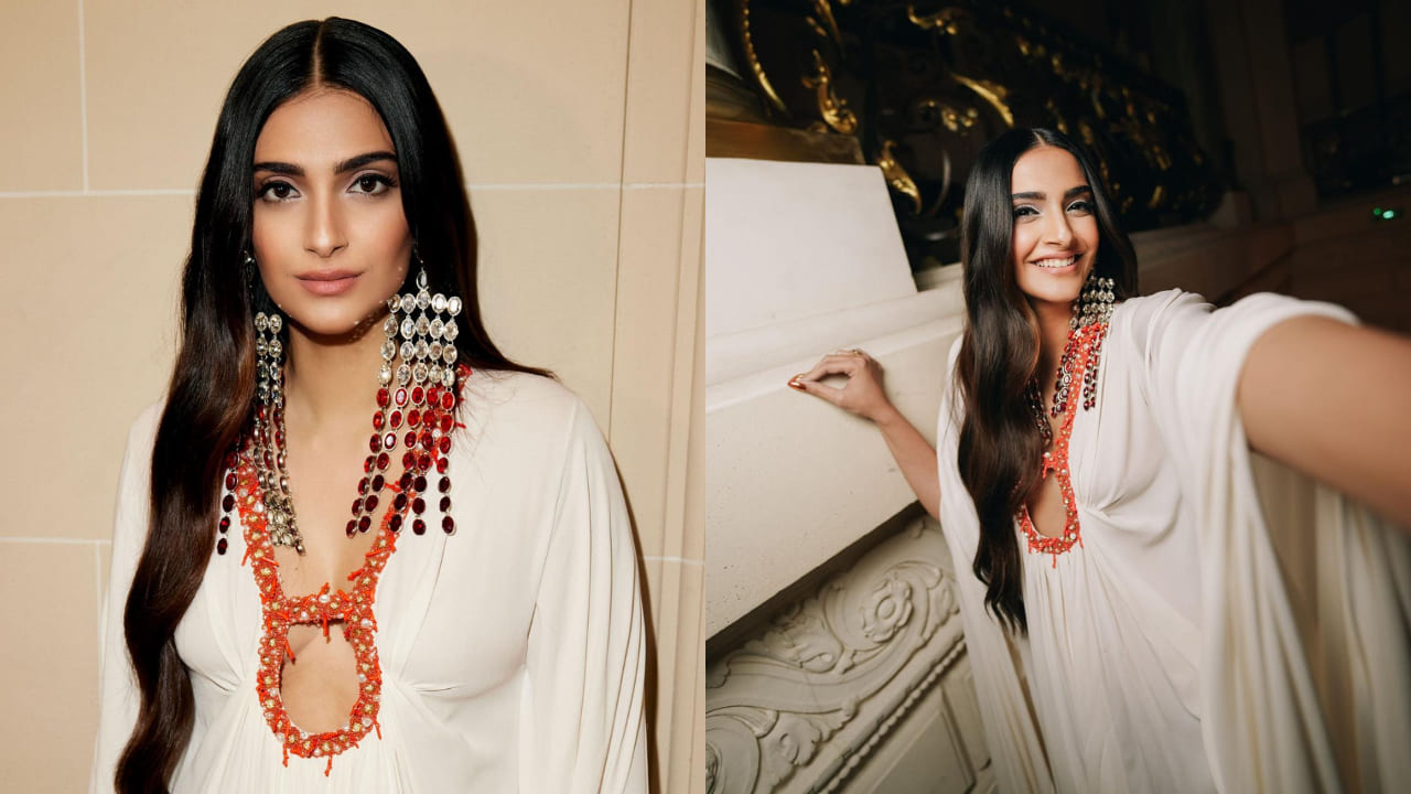 Sonam Kapoor in a white kaftan dress with a unique neckline
