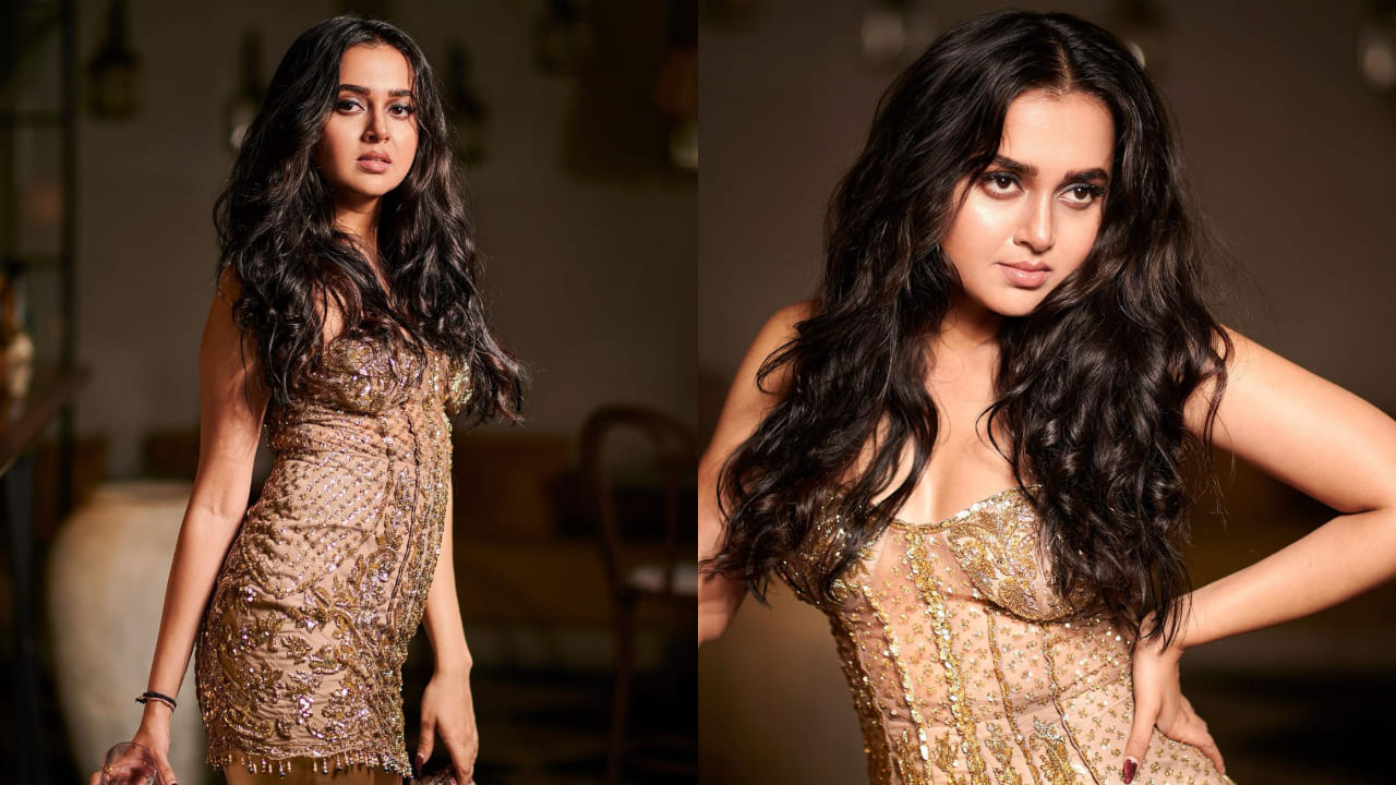 Tejasswi Prakash in golden mini dress with elaborate embellishments