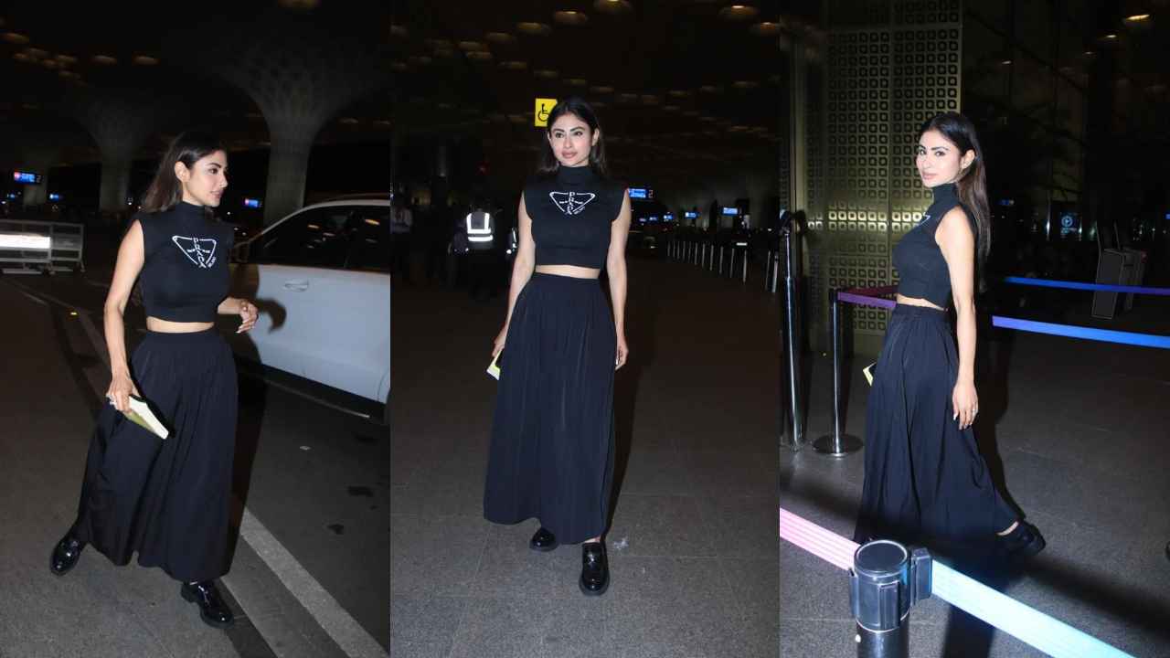 Airport Style: Mouni Roy merges comfort with style in all-black outfit with Prada Crop top and matching skirt (PC: Viral Bhayani)
