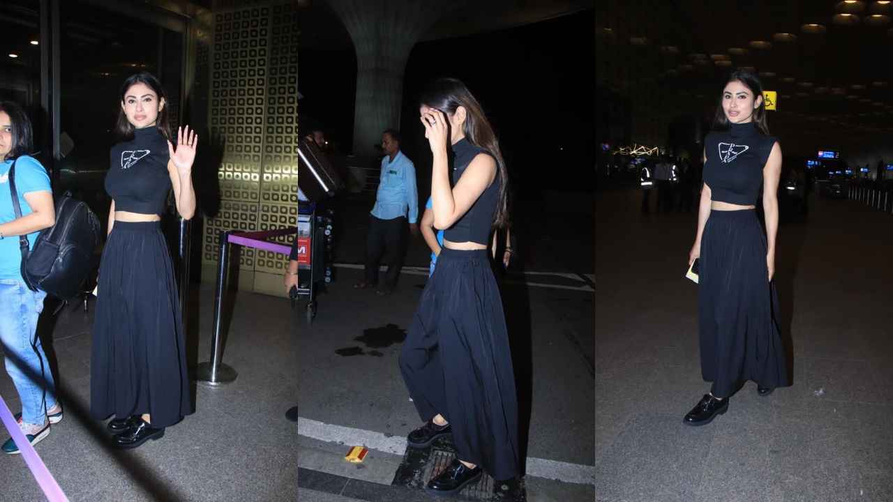 Airport Style: Mouni Roy merges comfort with style in all-black outfit with Prada Crop top and matching skirt (PC: Viral Bhayani)