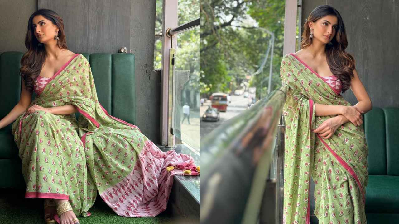 Palak Tiwari’s affordable flower-laden pistachio green saree with contrasting pallu is made for festive season