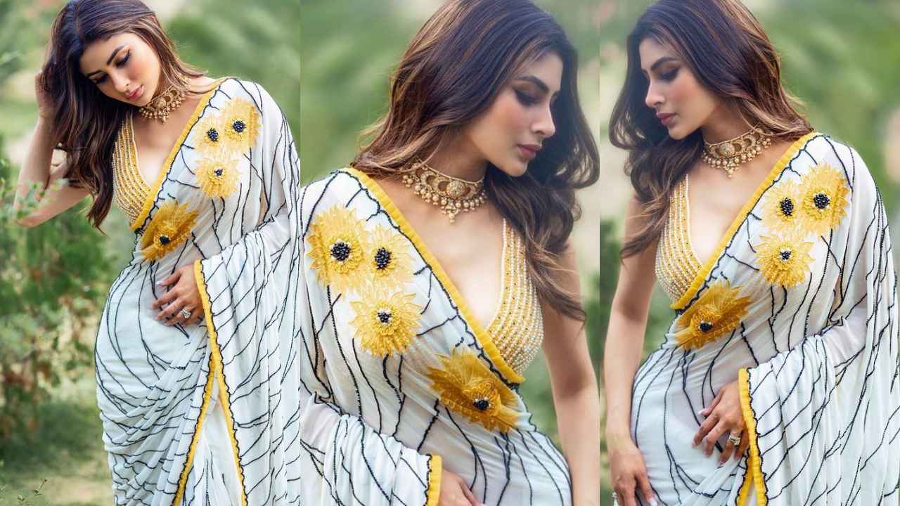 Mouni Roy’s beautiful Rs. 61,000 sunflower-laden off-white georgette saree is every ethnic lover’s dream