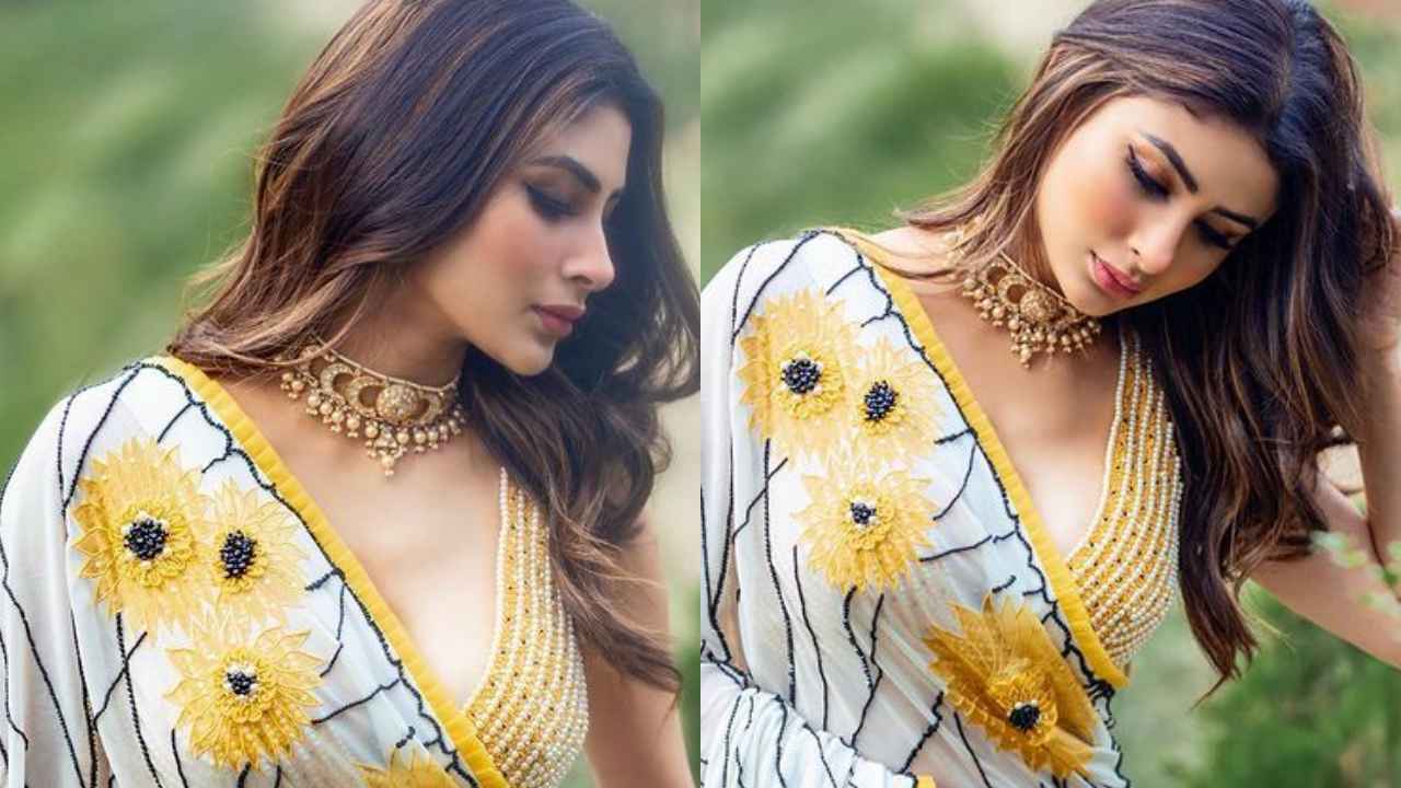 Mouni Roy’s beautiful Rs. 61,000 sunflower-laden off-white georgette saree is every ethnic lover’s dream