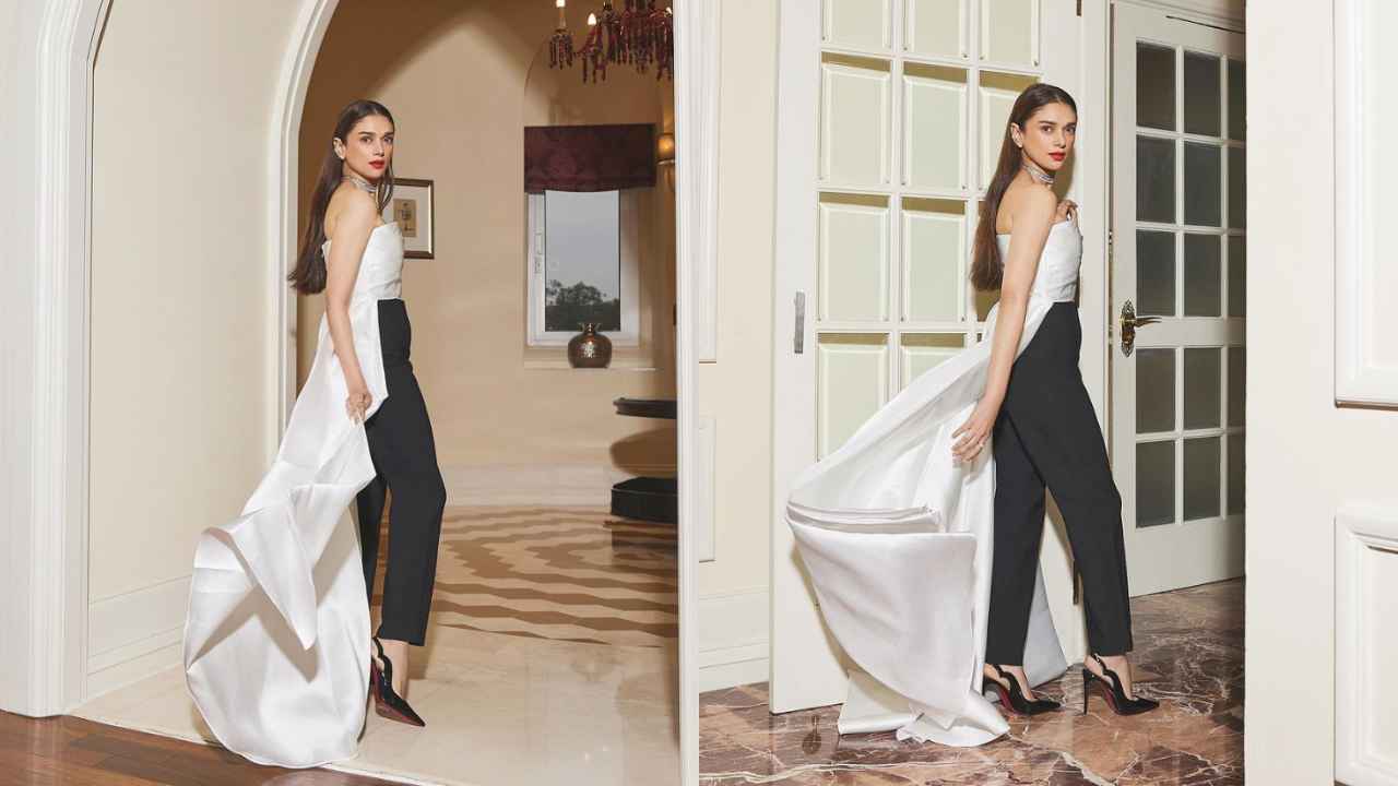 Aditi Rao Hydari radiates monochromatic richness in THIS strapless top with elegant train and black pants