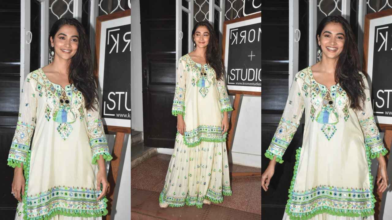 Pooja Hegde’s Rs. 48,500 ivory embroidered short kurta sharara set is made for mehendi ceremonies  (PC: Viral Bhayani)