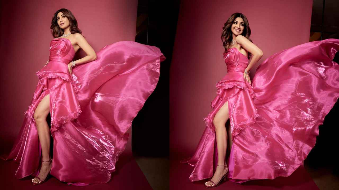 Shilpa Shetty's embracing her inner Barbie in strapless pink Gaby Charbachy gown with a sultry thigh-high slit