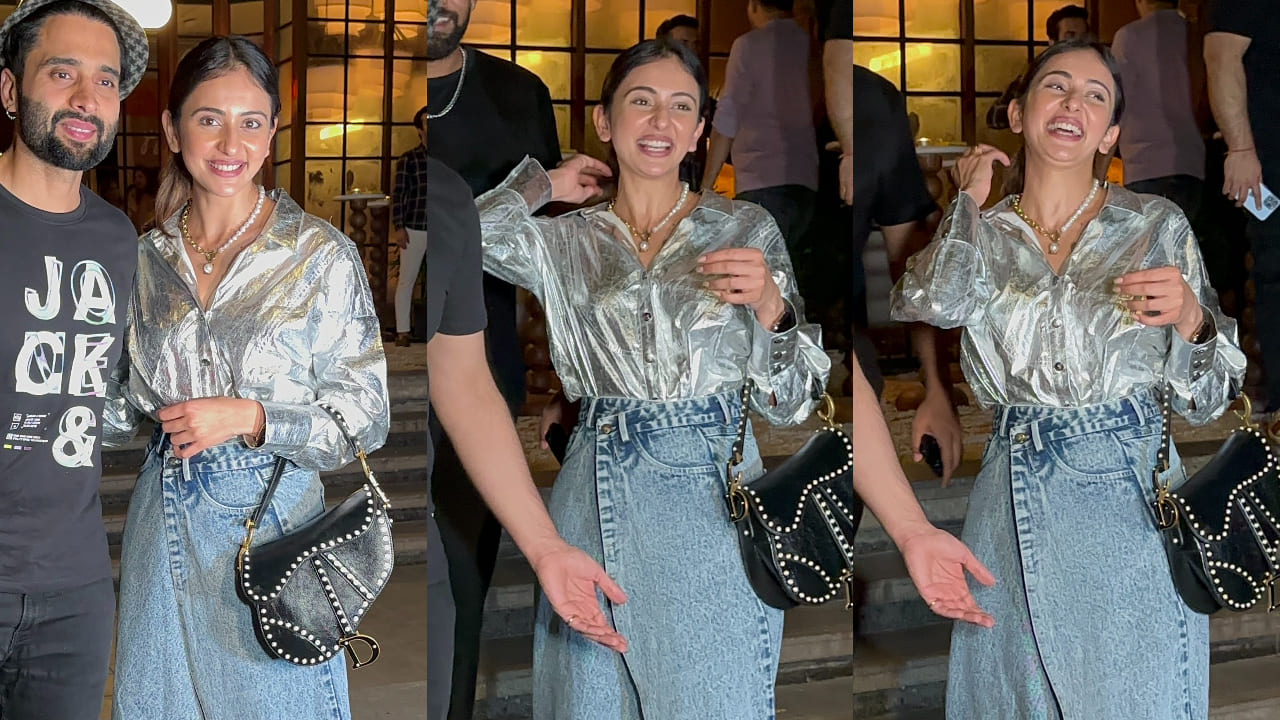 Rakul Preet Singh shines on her birthday, unveiling the glamour of a foil shirt and wrapped denim skirt.