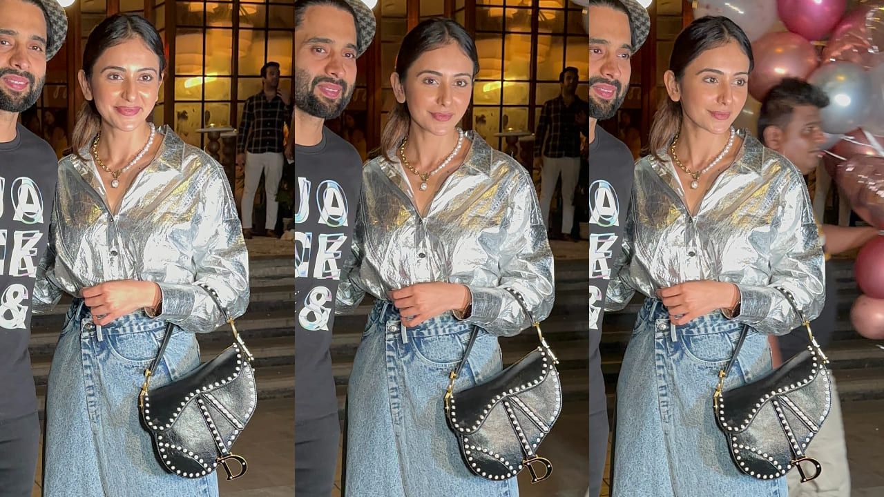 Rakul Preet Singh shines on her birthday, unveiling the glamour of a foil shirt and wrapped denim skirt.