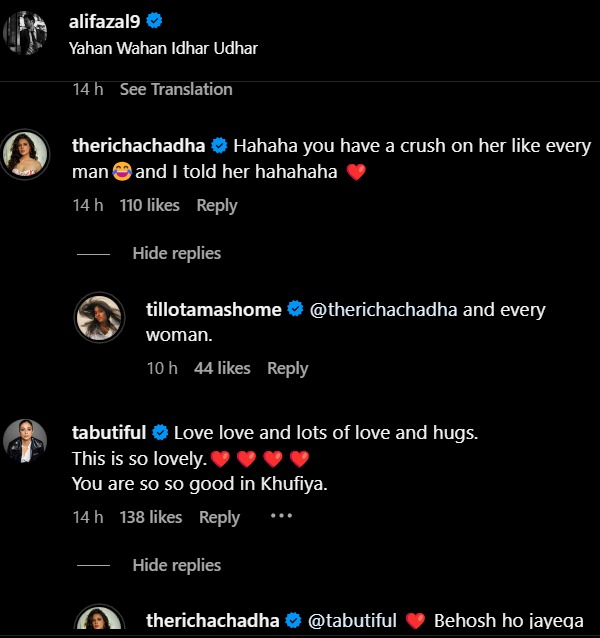 Richa Chadha's comment on Ali Fazal's post lauding Tabu