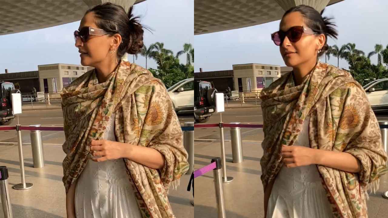Sonam Kapoor Ahuja redefines airport elegance in white Anarkali suit, beige shawl, and Rs. 9,40,545 Hermes bag (PC: APH Images)