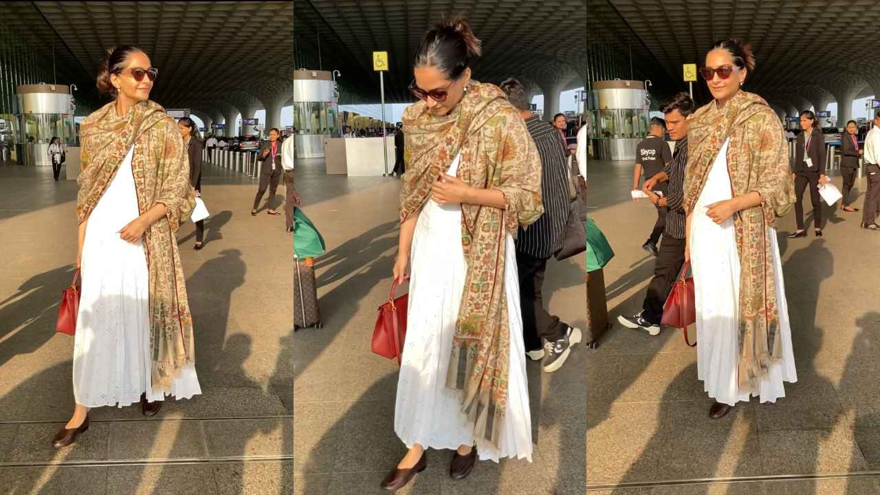 Sonam Kapoor Ahuja redefines airport elegance in white Anarkali suit, beige shawl, and Rs. 9,40,545 Hermes bag (PC: APH Images)