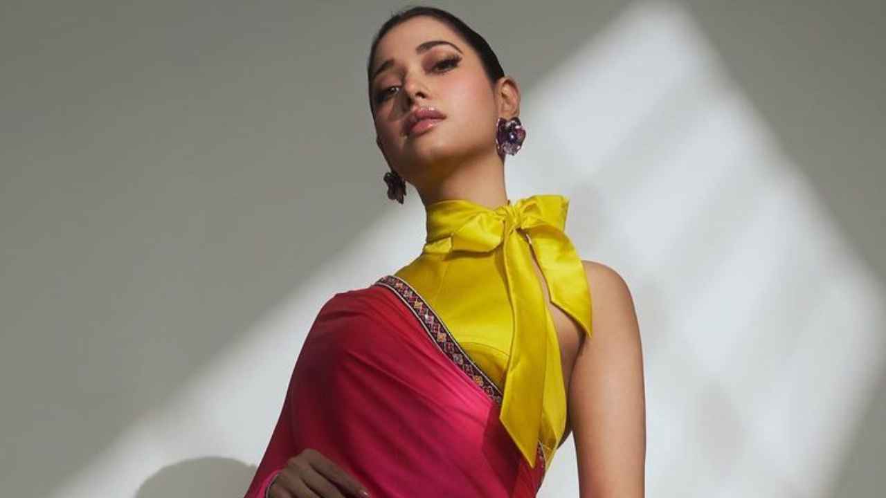 Tamannaah Bhatia brings back neon candy colors with Sabyasachi modernized saree and halter-neck blouse (PC: Instagram/ Tamannaah Bhatia)