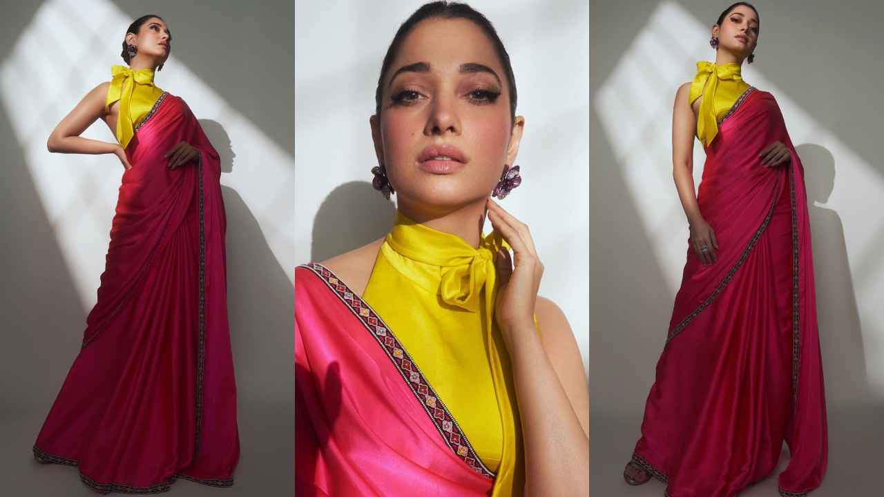 Tamannaah Bhatia brings back neon candy colors with Sabyasachi modernized saree and halter-neck blouse (PC: Instagram/ Tamannaah Bhatia)