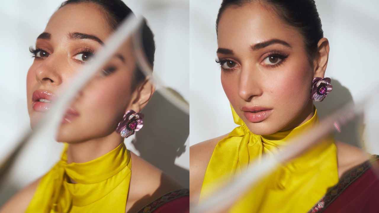 Tamannaah Bhatia brings back neon candy colors with Sabyasachi modernized saree and halter-neck blouse (PC: Instagram/ Tamannaah Bhatia)