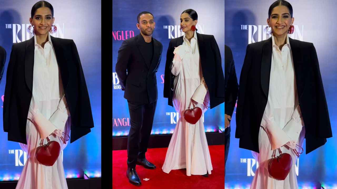 Sonam Kapoor Ahuja glows in white cotton gown with fishtail design, black blazer and red heart bag from Alaïa (PC: Manav Manglani)