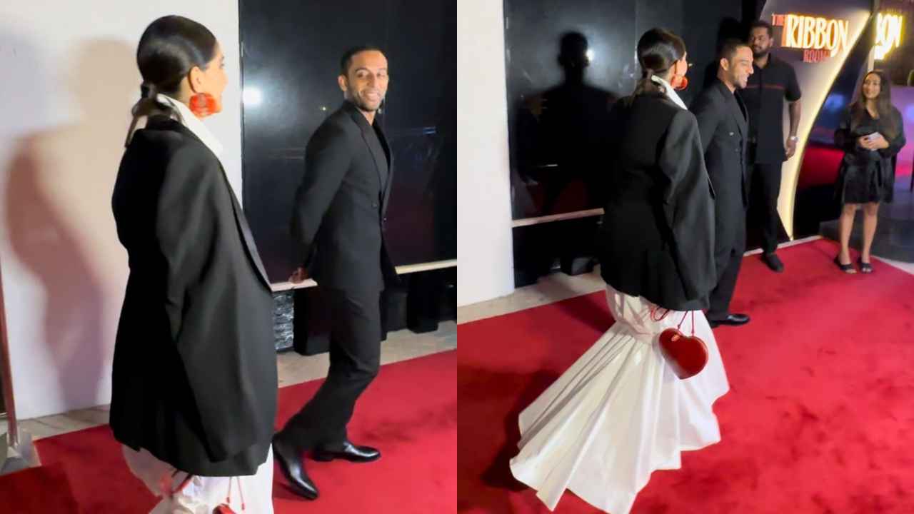 Sonam Kapoor Ahuja glows in white cotton gown with fishtail design, black blazer and red heart bag from Alaïa (PC: Manav Manglani)