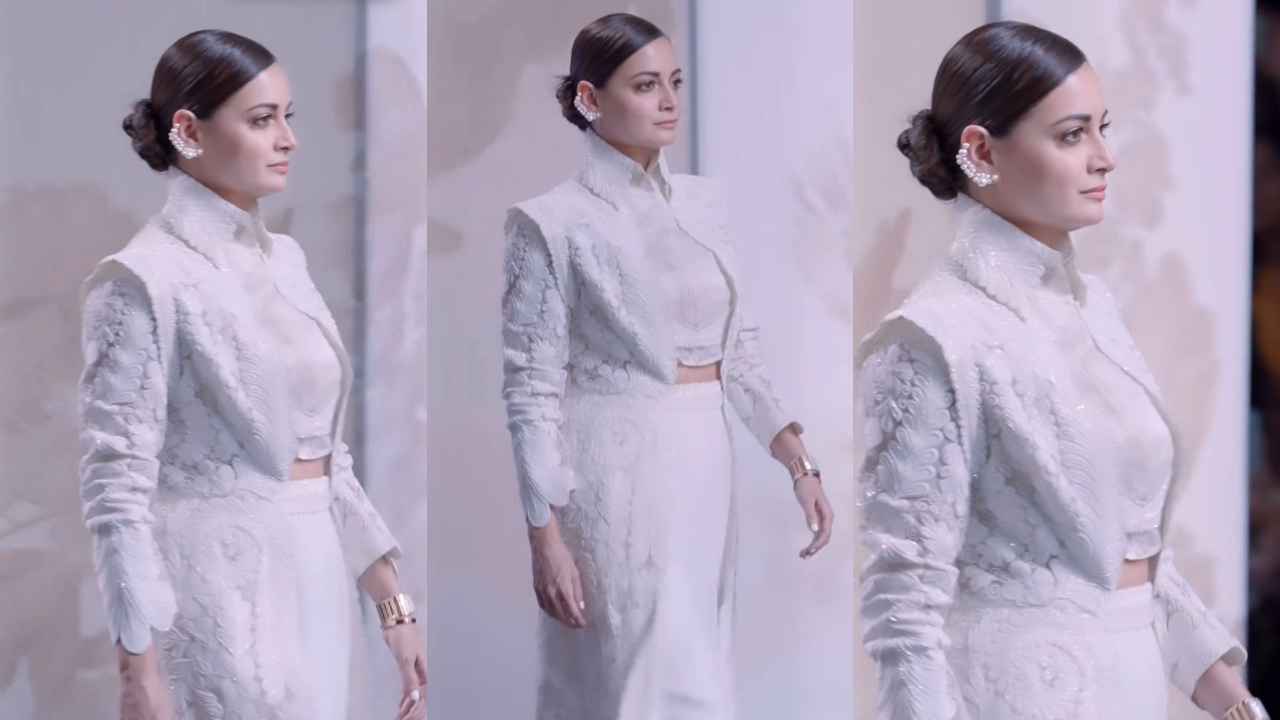 LFW 2023: Dia Mirza exudes monotone magic as she walks the ramp in a pristine all-white co-ord set with jacket (PC: Manav Manglani)