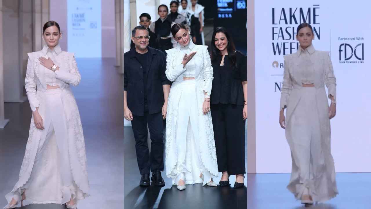 LFW 2023: Dia Mirza exudes monotone magic as she walks the ramp in a pristine all-white co-ord set with jacket (PC: Manav Manglani)