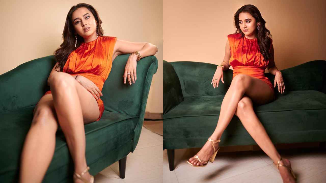 Tejasswi Prakash gave masterclass on how to carry bright orange in Rs. 24,500 sleeveless gathered playsuit