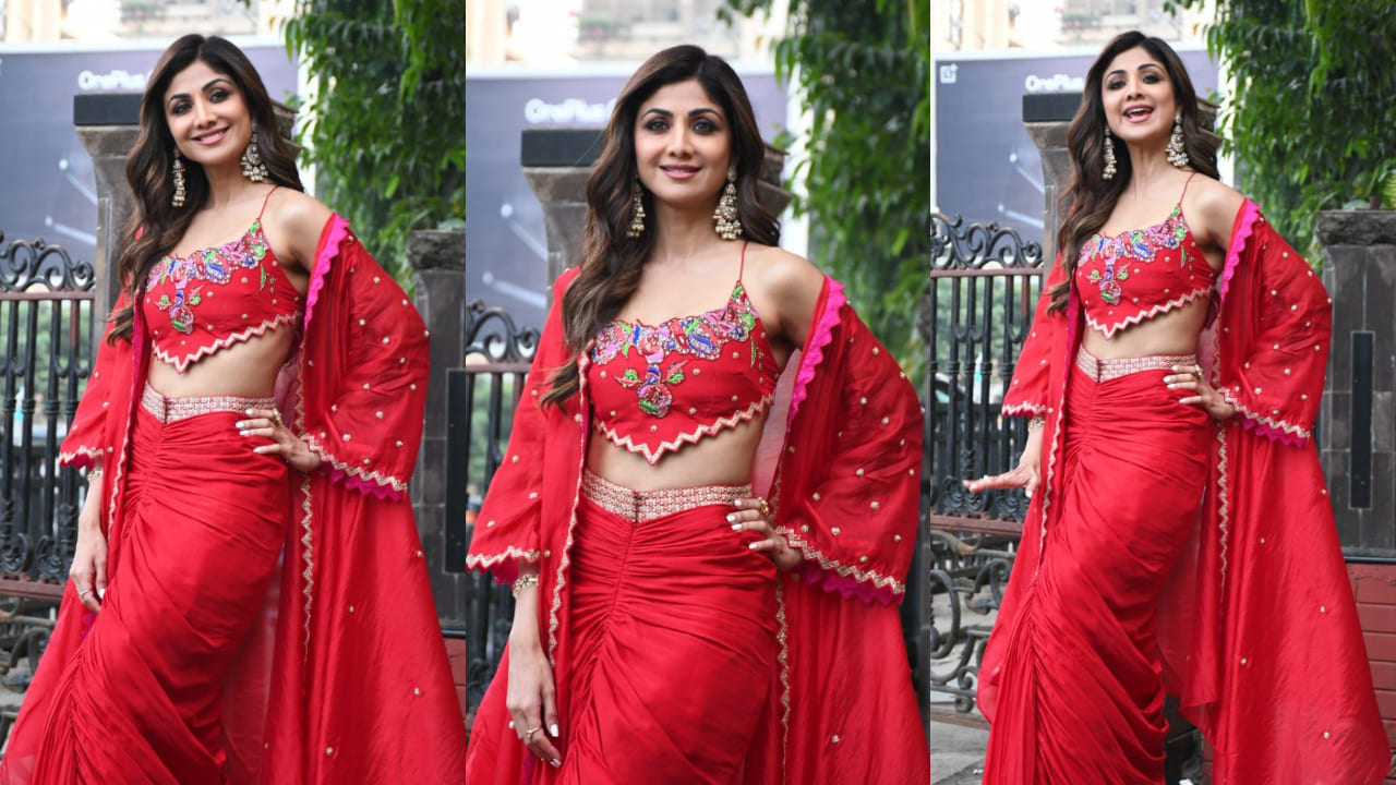 Shilpa Shetty’s pink embroidered top with a stunning draped skirt