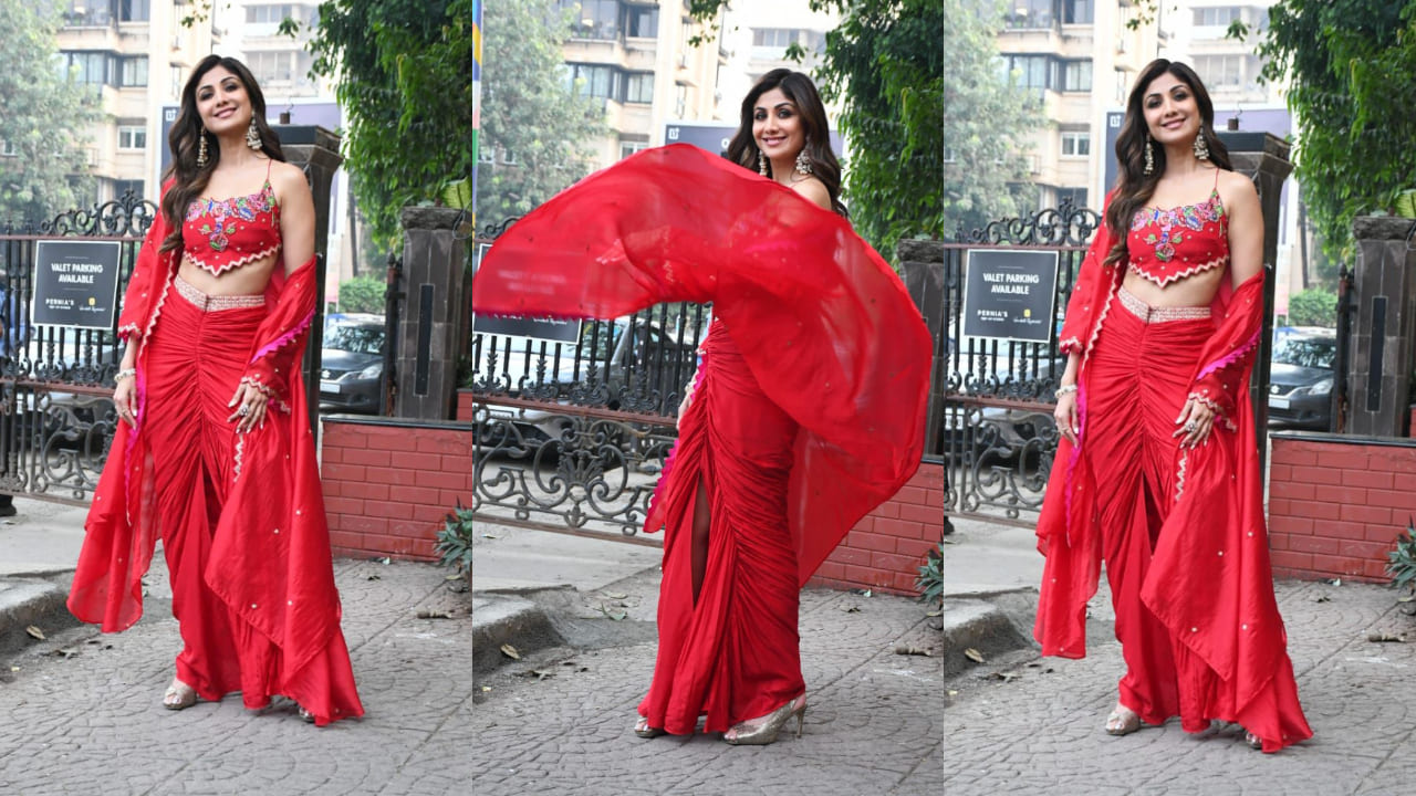 Shilpa Shetty’s pink embroidered top with a stunning draped skirt