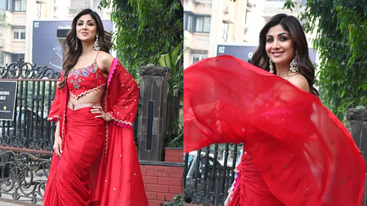 Shilpa Shetty’s red embroidered top with a stunning draped skirt