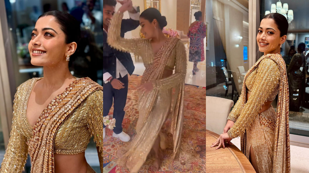 Rashmika Mandanna’s glistening golden modernized saree